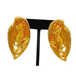 Angel Abstract Enamel Earrings Bright Yellow Metal Chunky Vintage NOS 1980s 9L